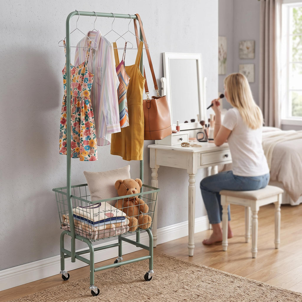 Laundry Cart with Clothes Rack, Rolling Laundry Butler with Wire Storage Rack,Green