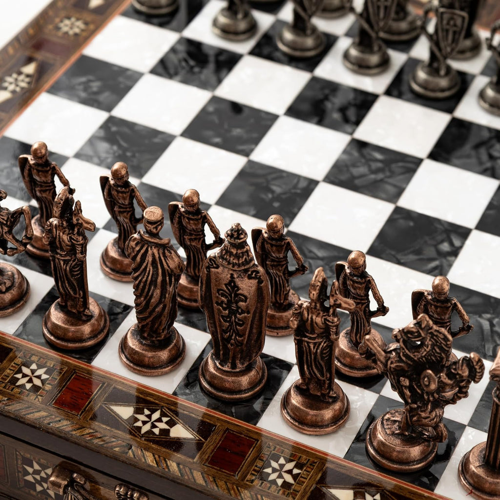 15-Inch Handmade Wooden Chess Set, Metal Pieces & Storage, Black