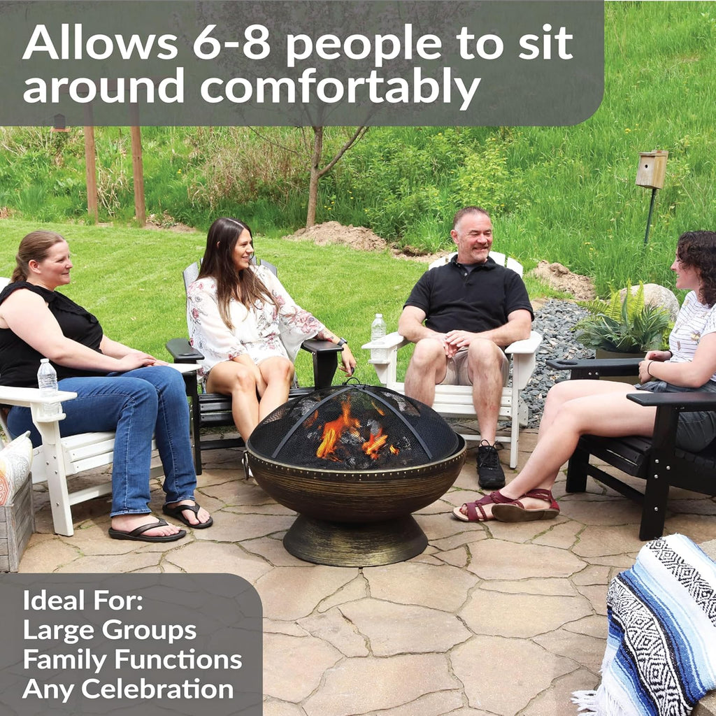 30-Inch Large Outdoor Fire Pit - Wood Burning Fire Pit for Outside with Poker and Screen - Black Finish - Regal Cauldron