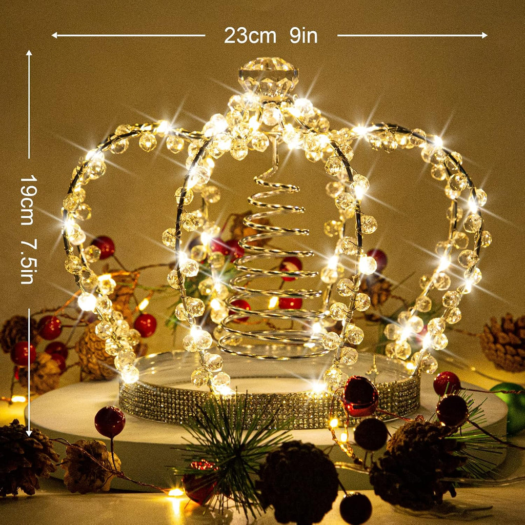 Christmas Tree Topper Star, Jeweled Crown with 60 Warm White LED USB Lighted Tree Topper, Xmas Tree Decor with Remote