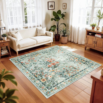Vintage Floral Area Rug, Antique Inspired Square Rug with Ornate Botanical Pattern, Distressed