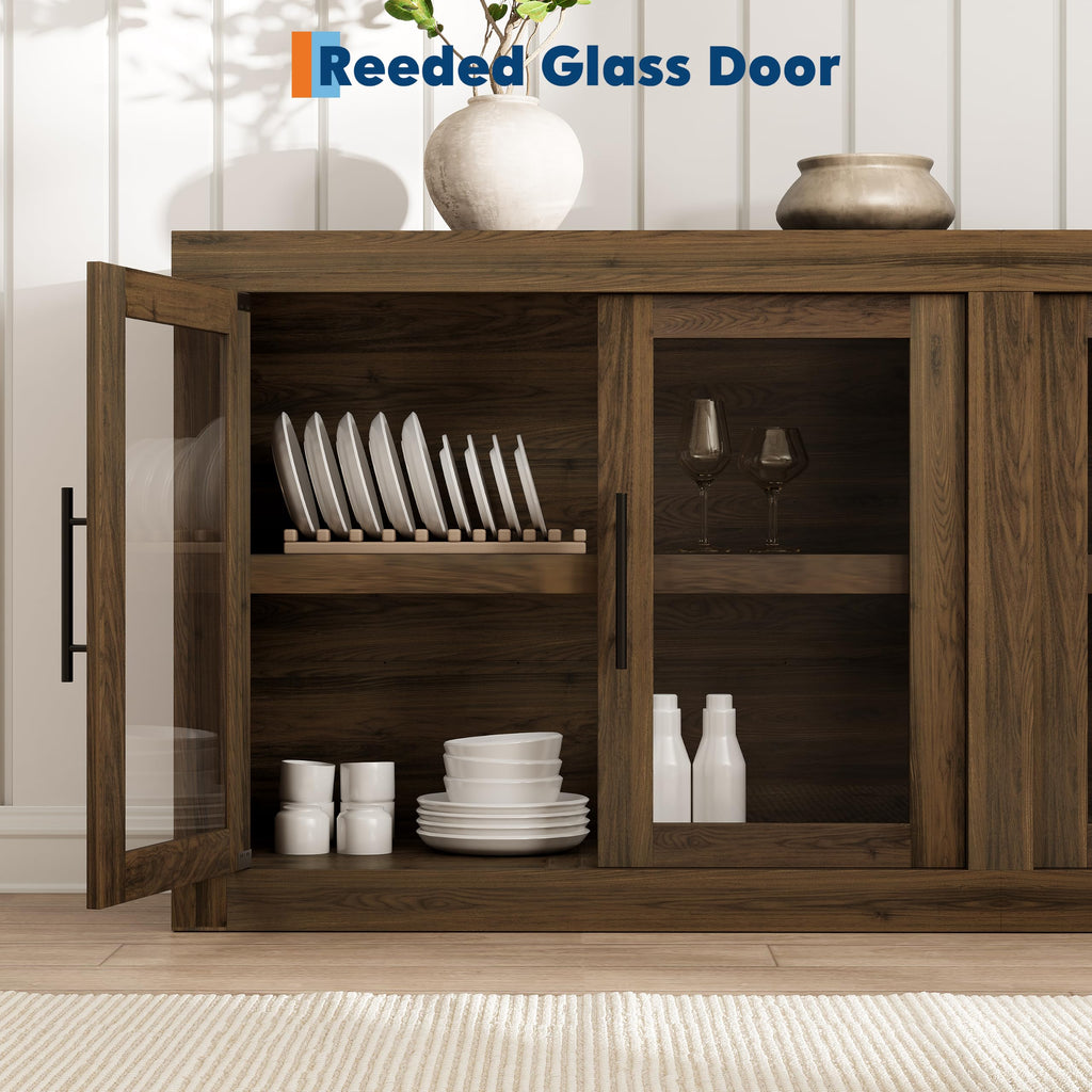 65.35" Sideboard Buffet Cabinet with 4 Glass Doors, Walnut