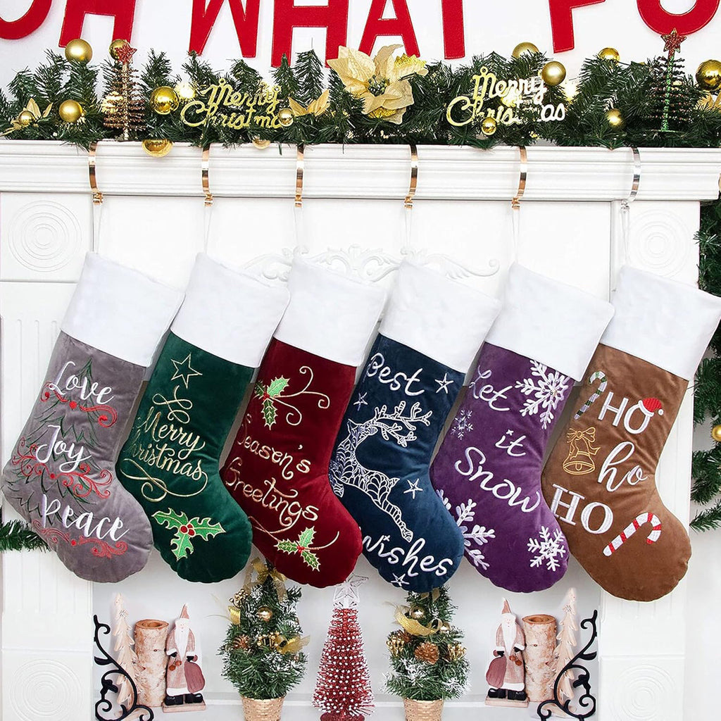 GEX Christmas Stockings 6 Pack for Family 22" Large Embroidered Classic Luxury Velvet Red Green Purple Blue Grey