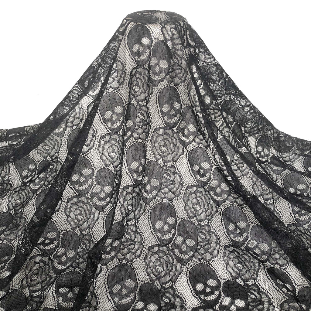 Black Lace Fabric, 60"*36" Skull Pattern, Allover Nylon Material, Soft Touch for Halloween Party, DIY Sewing Garment