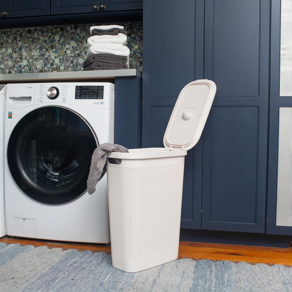 Slim Laundry Hamper with Lid, 40L Clothes Basket, Linen Design, Plastic, White
