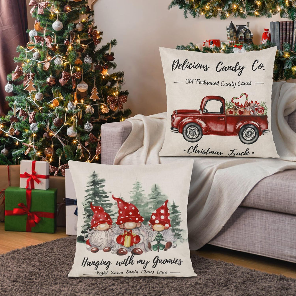 Christmas Throw Pillow Covers 18x18, Merry Christmas Tree Gnome Red Truck Candy Cane Xmas Farmhouse - Set of 4