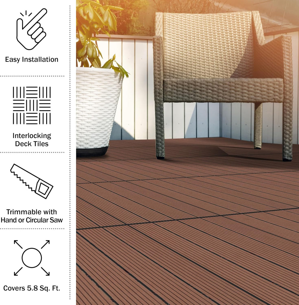 Interlocking Deck Tiles - 6-Pack 11.6-in Wood Plastic Composite All-Weather Outdoor Flooring Balcony Poolside or Patio