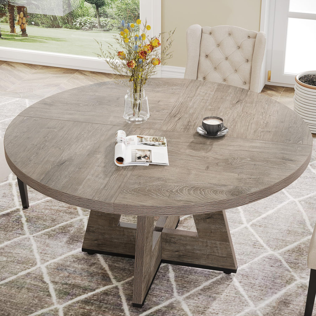 Farmhouse Dining Table, 47 Inch Round Dinner Table for 4 (Grey)
