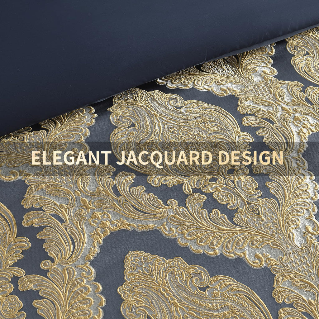 Luxury 7 Piece Queen Comforter Set, Vintage Damask Jacquard Design Bed in Bag Queen, All Season Navy Blue and Gold