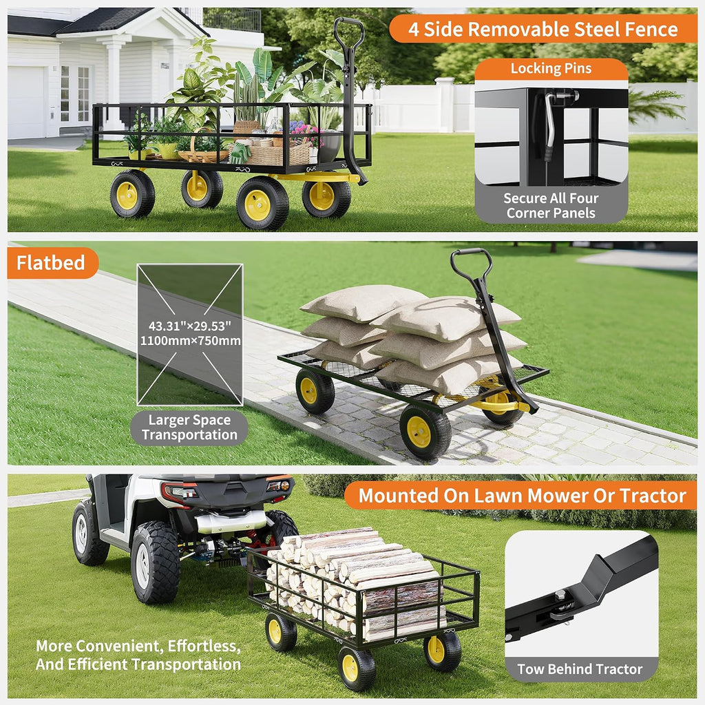 Heavy Duty Steel Garden Cart, 1200 Lbs Garden Wagon with 13" All Terrain Tires, 3-in-1 Metal Utility Wagon with