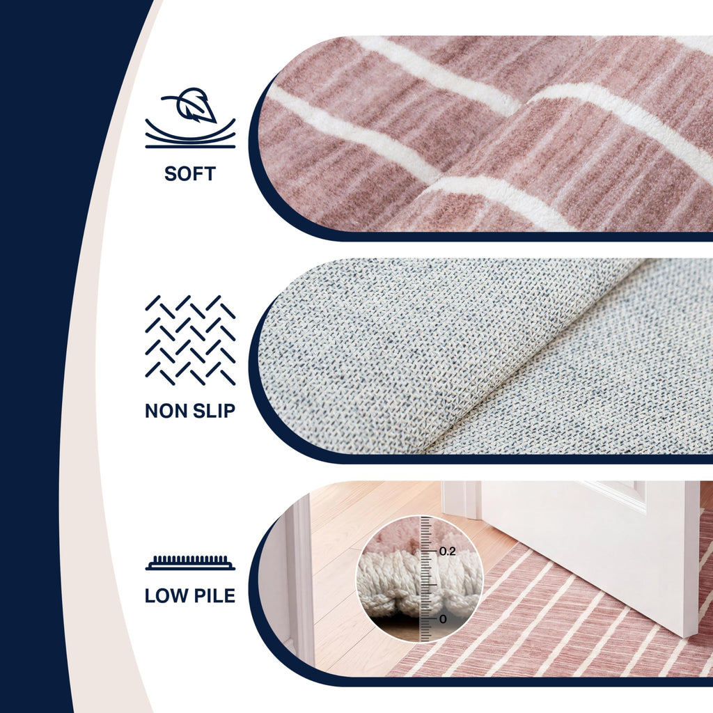 Washable Orton Distressed Ticking Stripe 2' x 8' Machine-Washable Polyester Runner Rug, Rose Clay and Cream