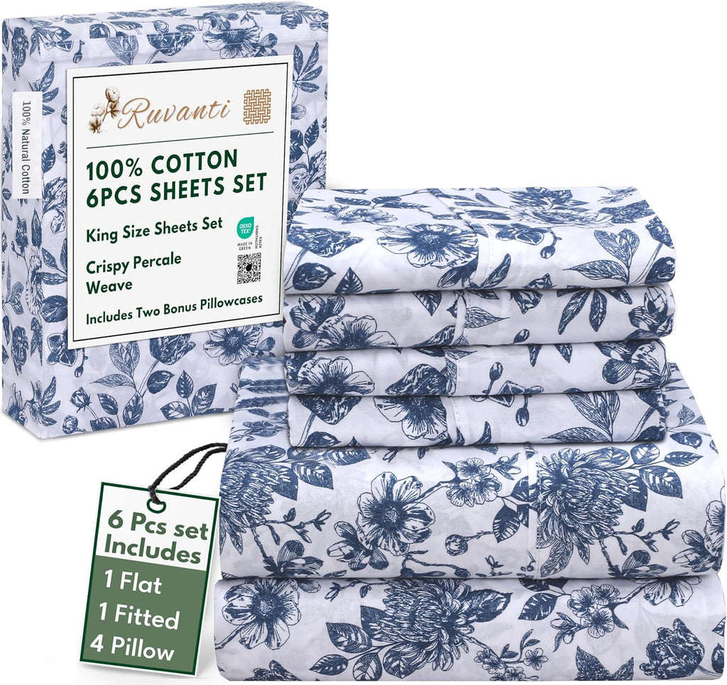 100% Cotton Percale Sheets King, Wild Flower | Cooling Bed Sheets for Hot Sleepers, Deep Pocket 16", Breathable