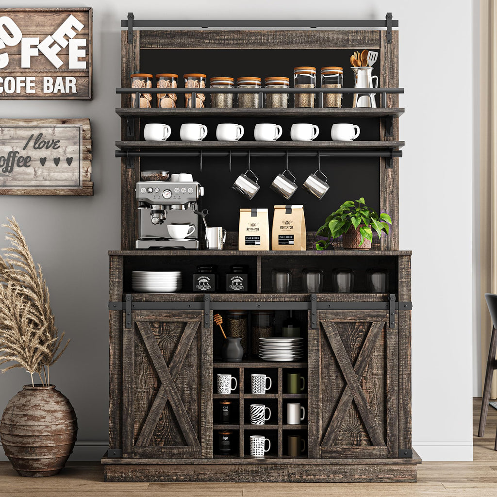 Bar Cabinet 75 in Tall Coffee Hutch Large Kitchens Hutch Farmhouse Coffee Bar Cabinet Cupboard with Sliding Barn Door