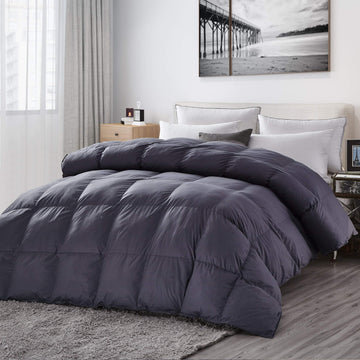 Luxurious All-Season Goose Down Fiber Comforter Duvet Insert, Classic Gray, Premium Baffle Box, 100% Egyptian Cotton
