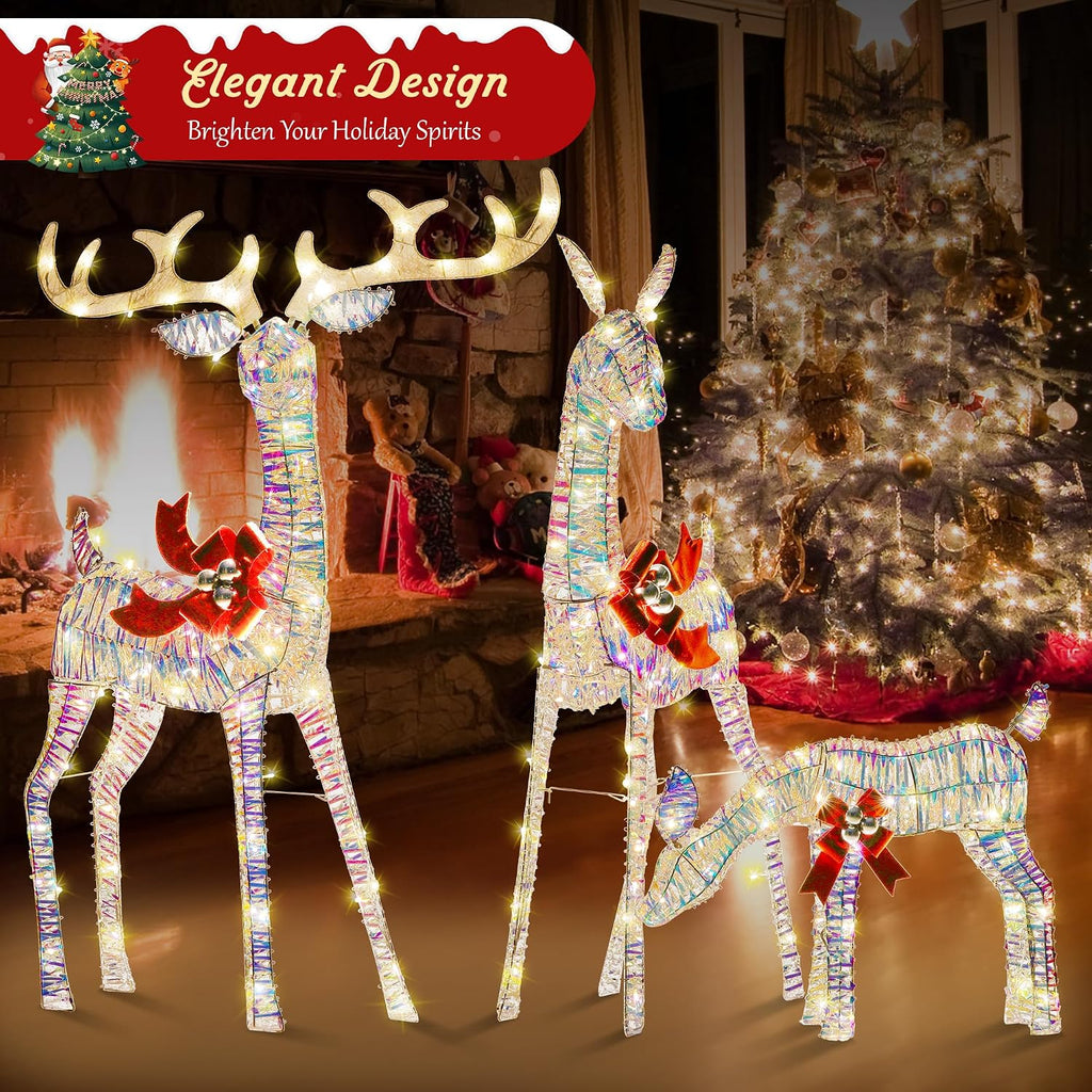 Large 3-Piece Colorful Reindeer Family Set with 245 LED Light - Outdoor Christmas Decoration
