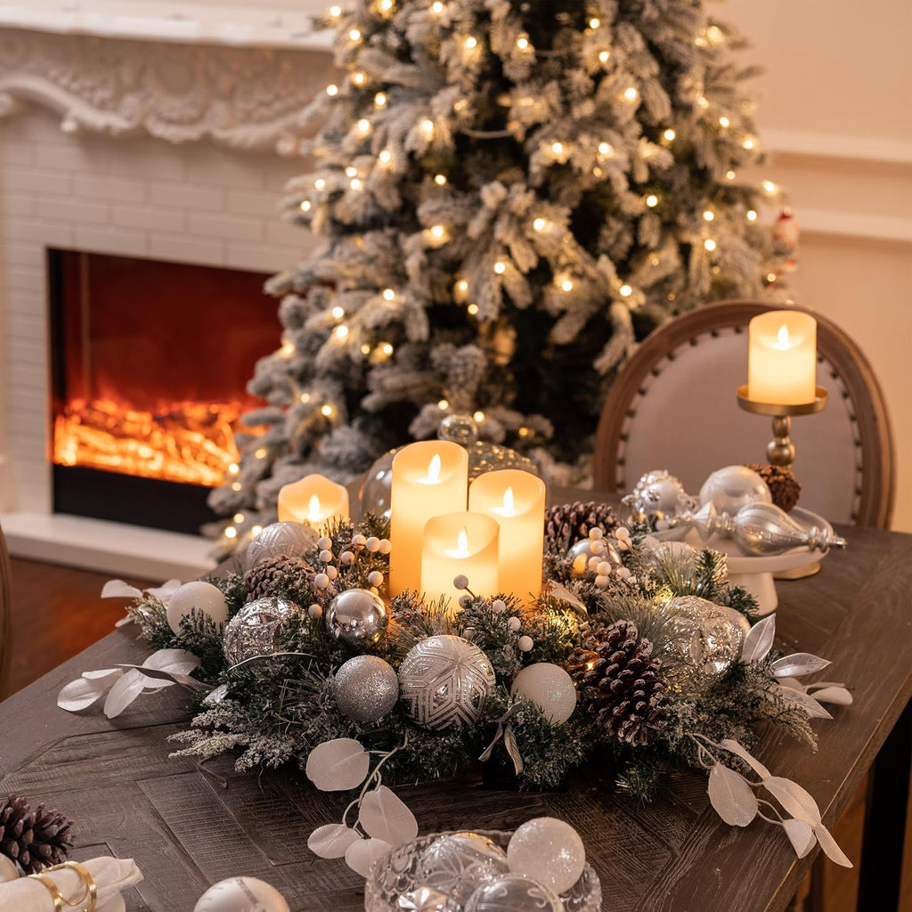 24'' Pre-Lit Christmas Wreath for Front Door with Light, Large Lighted Outdoor Christmas Wreath with Silvery White