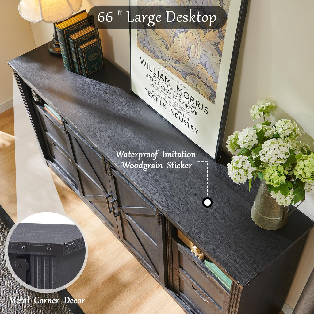 Farmhouse 66"TV Stand for 75+ Inch TV, 32"H w/4 Drawers & Sliding Barn Door