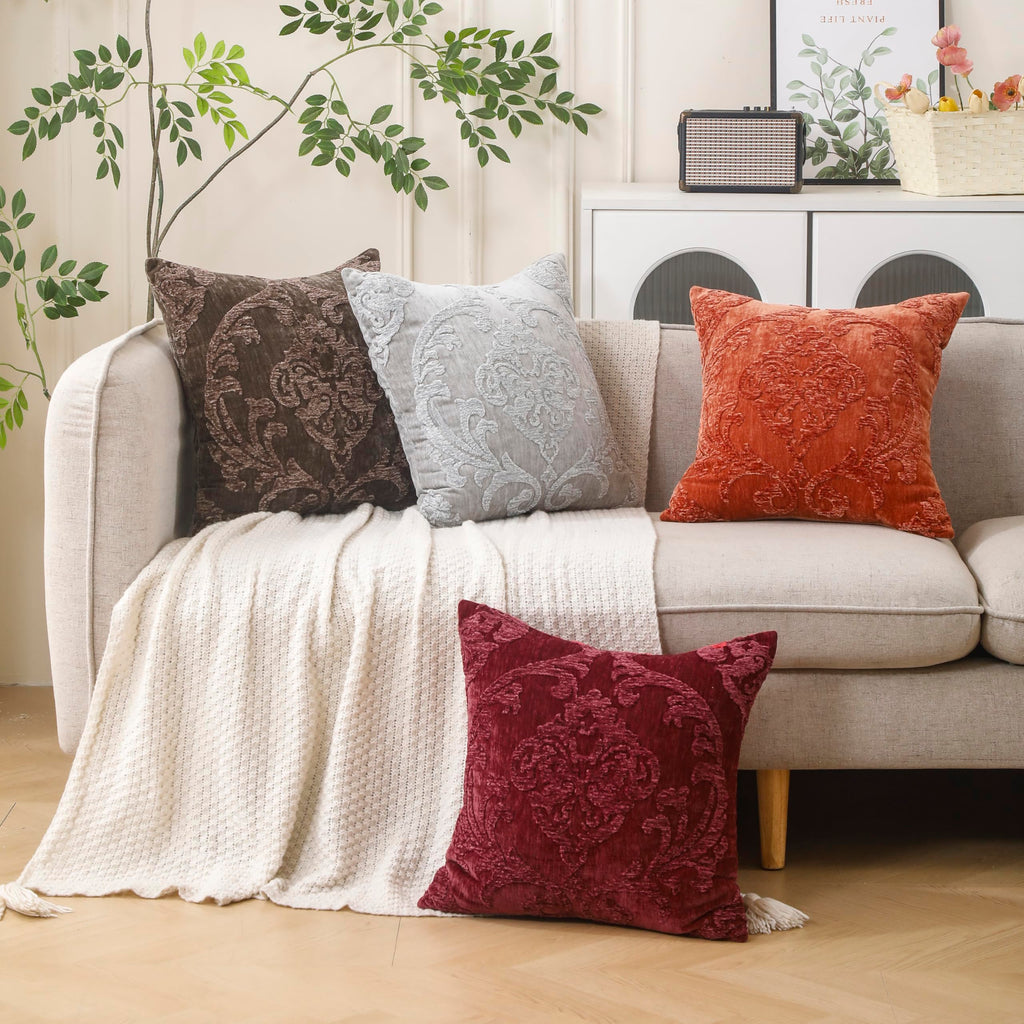 Embroidered Throw Pillow Covers 18x18 Inch, Boho Damask, Set of 2