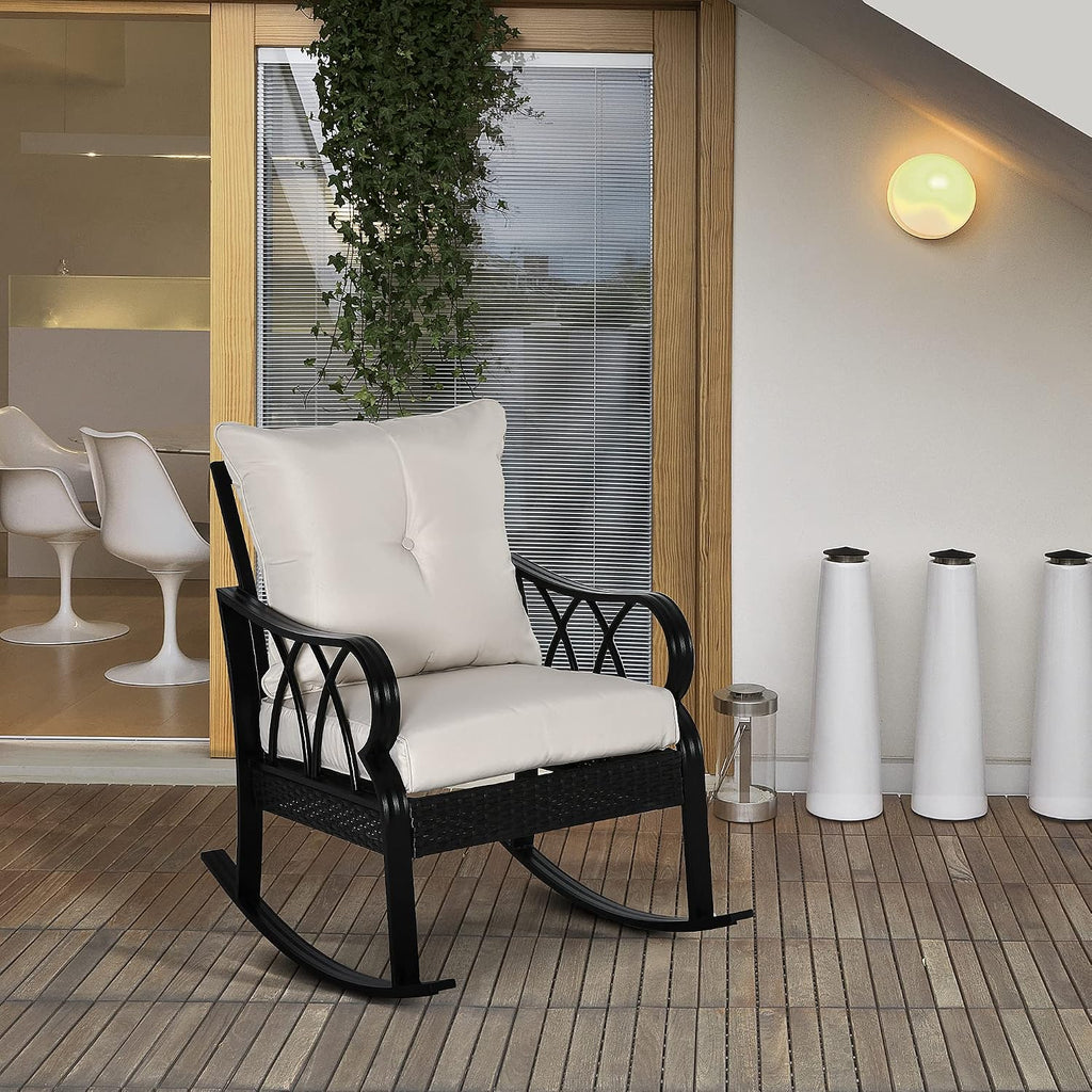 Outdoor Wicker Rocking Chair Padded Cushions Aluminum Khaki | Furniture Rattan Porch Rocker Chair, Armrest, Garden