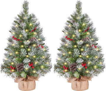 Set of 2 3ft Pre-Lit Tabletop Mini Christmas Trees with Berries