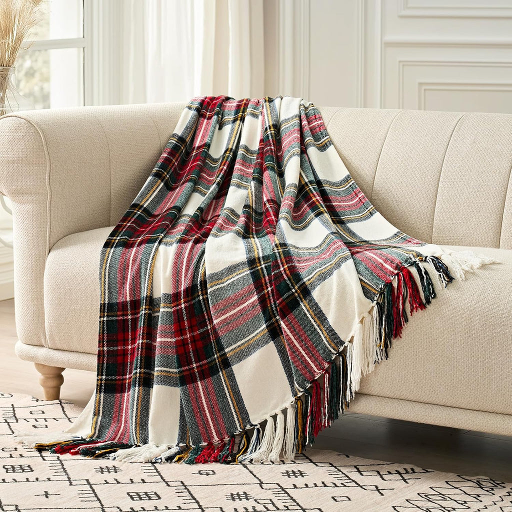 Chenille Christmas Throw Blanket, 60"x80", White Stewart Plaid