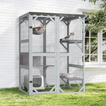 Large Catio Outdoor Cat Enclosure with Weatherproof Roof, 69.3" Walk-in Cat House for Multiple Cats, 3-Tier Wooden