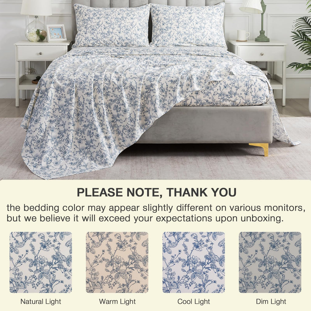 Vintage Floral Percale Sheets, Deep Pocket, White & Blue
