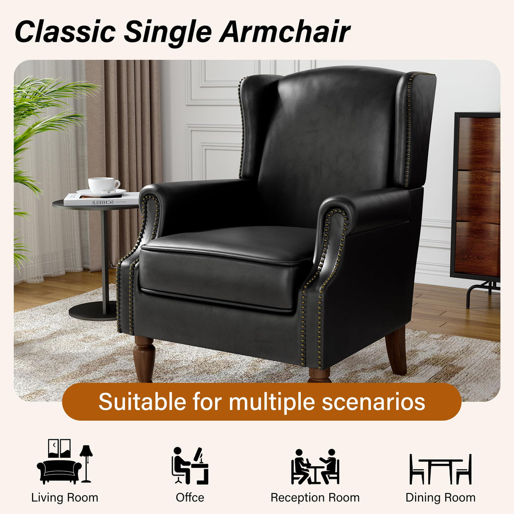 Faux Leather Wingback Accent Chairs Set of 2, High Back Armchair, Black