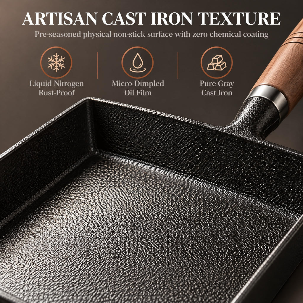 Japanese Cast Iron Tamagoyaki Pan - Pre-Seasoned, Liquid Nitrogen Treated, Non-Rust, Ready to Use, Detachable Wood
