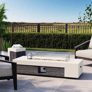 56" Outdoor Fire Pit Table w Tank Cover & Wind Guard, Rectangle Gas Fire Pit Table with Concrete & Wood Grain Design
