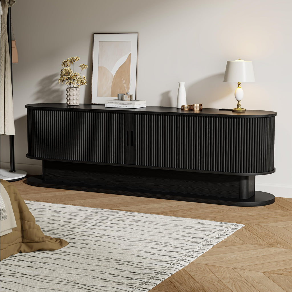 70" Fluted TV Stand with Power Outlet for TVs up to 80", Mid Century Modern TV Console with LED Lights and