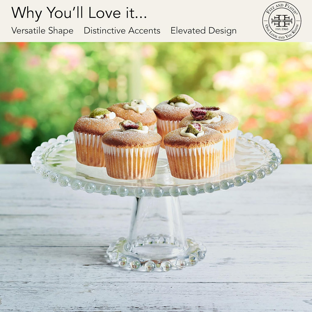 Beaded Large Glass Cake Stand, 10.75 Inch Clear Glass Pedestal Cake Stand for Desserts, Appetizers, and Entertaining