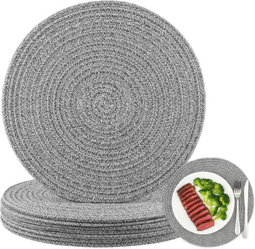 Round Woven Placemats 13.5 Inches Heat Resistant Placemats Farmhouse Cotton Rope Braided Place Mats for Dining - Set of 8