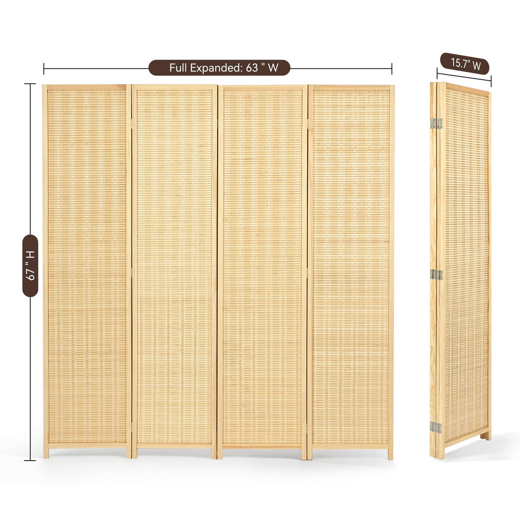 4 Panel Bamboo Room Divider, Folding Privacy Screen, Natural