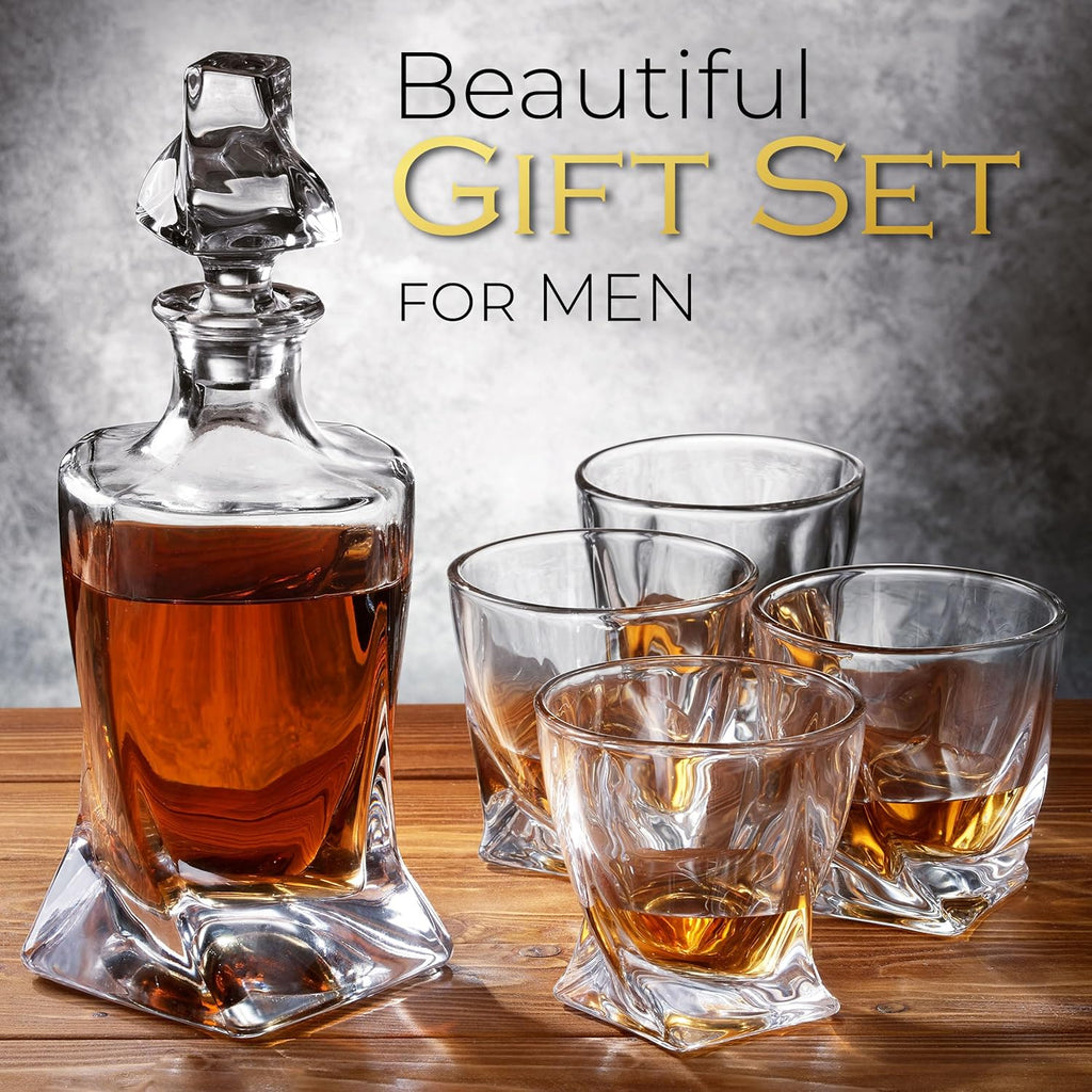Whiskey Decanter Set for Men with 4 Drinking Glasses for Cognac, Bourbon, Rum, Scotch, Liquor Decanter Sets House