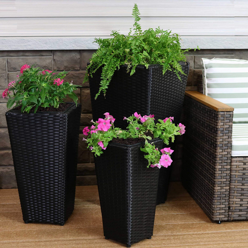 Square Tall Wicker Outdoor Planter, Black, 3pk