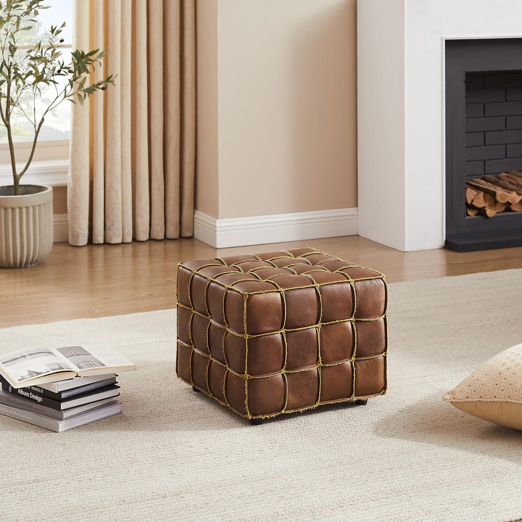 Tufted Square Ottoman Leather Footstool Modern Foot Rest Cognac