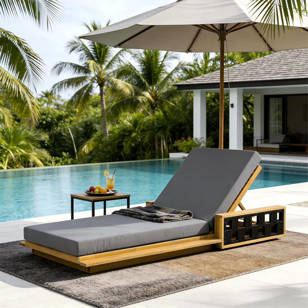 Acacia Wood Chaise Lounge Chair Outdoor with 2-Fold Cushion, Adjustable Backrest Sun Lounger Recliner, Wooden