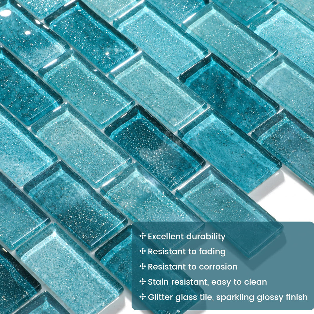 Glass Backsplash Mosaic Wall Tiles, 5-Sheet Linear Glass Tiles Bathroom Swimming Pool Shower Tiles (Turquoise, 4.8