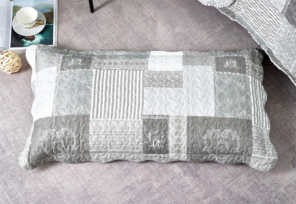 Grey Heart Love & Lace Floral Patchwork Quilt Set