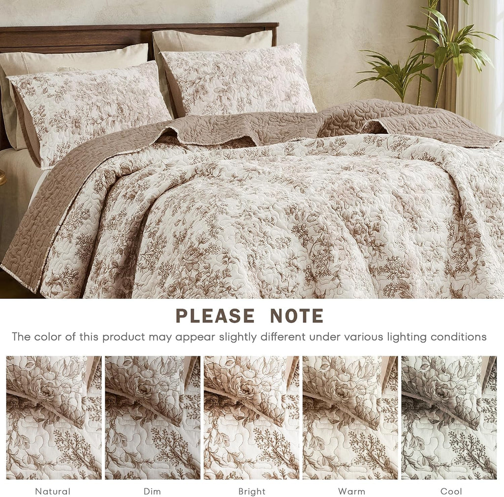 Taupe Floral Quilt, Summer Cooling 3 Piece Cotton Vintage Farmhouse Bedding Set, Machine Washable Lightweight