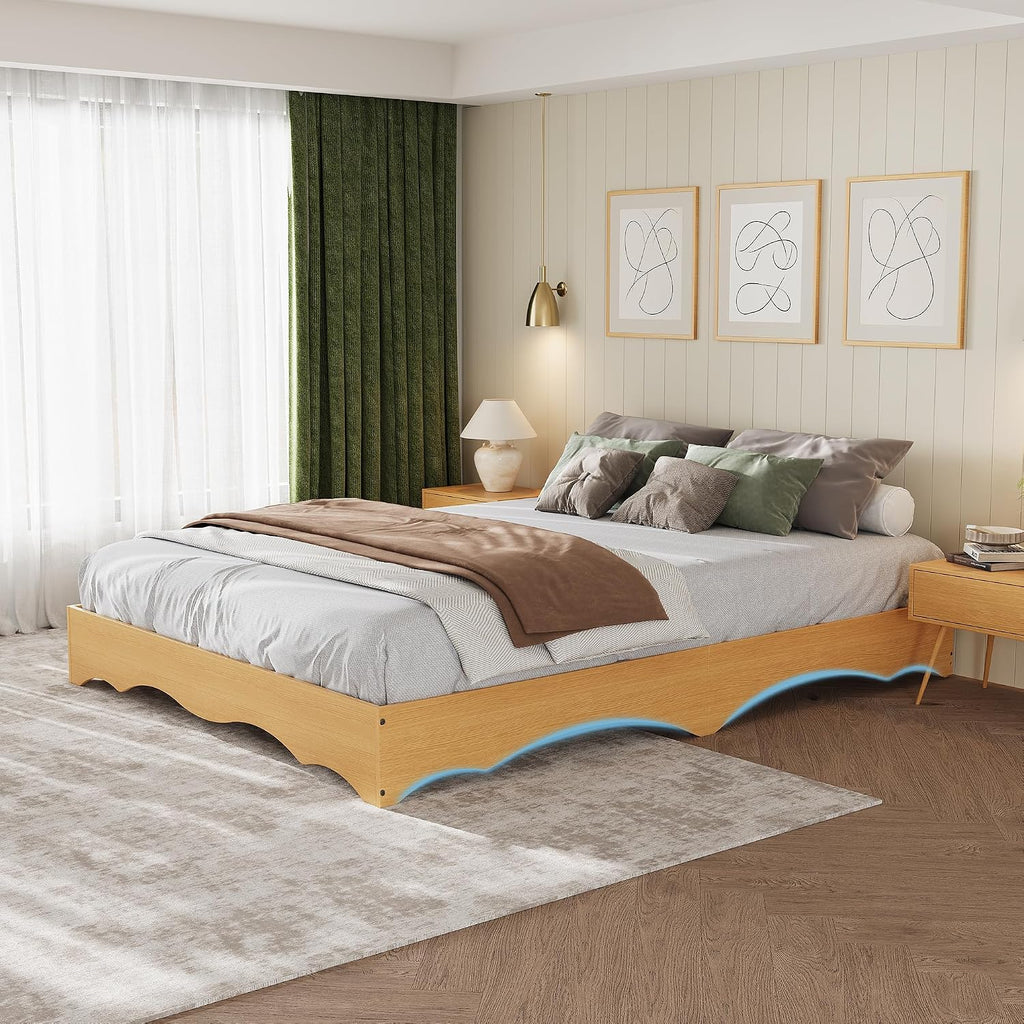 Japanese-Inspired Low Profile Wood Platform Bed Frame with Wavy Edge - Solid Slat Support, Noise-Free, No Box Spring