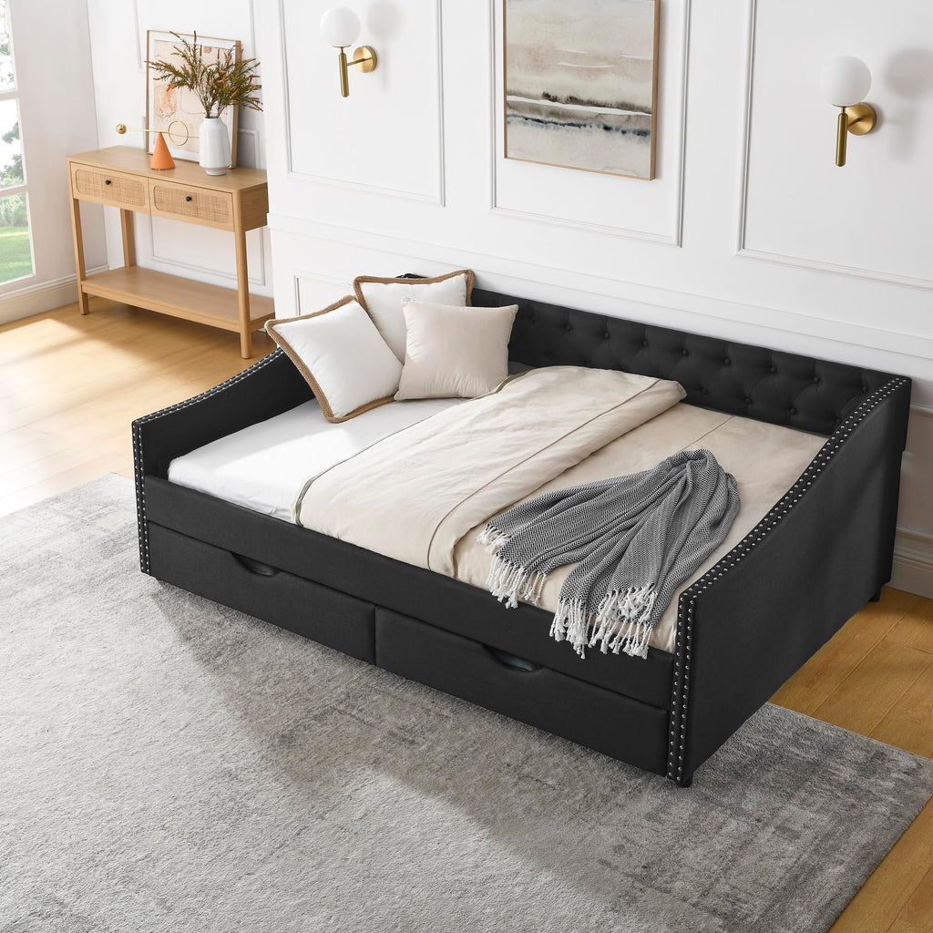 Full Daybed Frame with Two Storage Drawers, Modern Upholstered Button Tufted Day Bed w/Nailhead Trim and Wood Slat