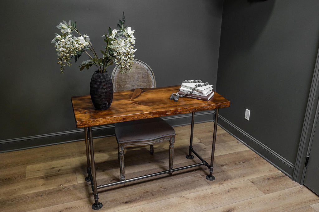 Industrial Pipe Desk Live Edge Top Vintage Table (Honey Pine) - Rustic Live Edge Slab Desk with Steampunk Pipe Legs
