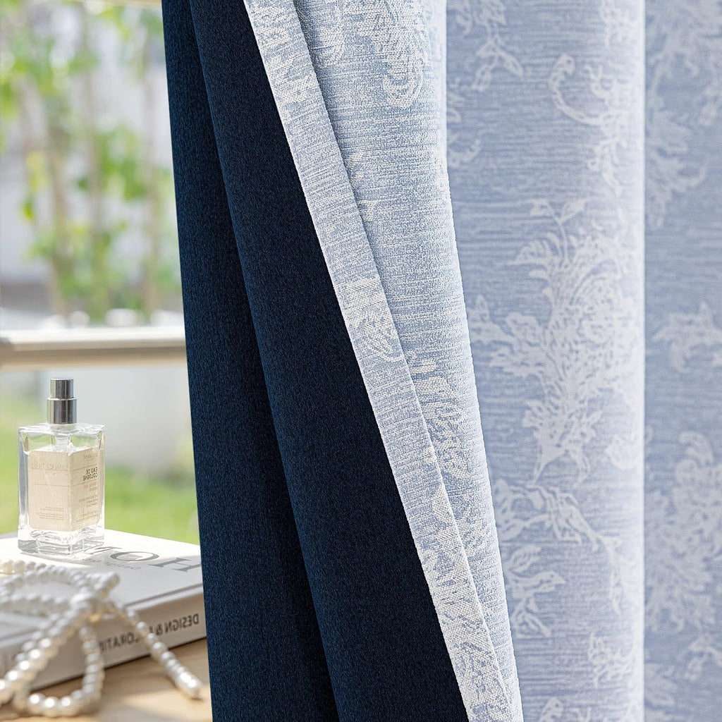 Blue Floral Jacquard Blackout Curtains 96 Inches Long, Scroll Flower Chenille Farmhouse Curtains for Living Room
