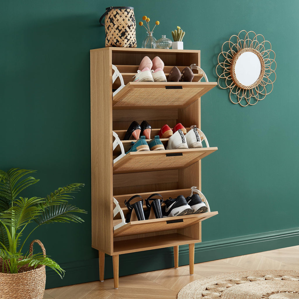Amana Shoe Cabinet Oak Effect and Rattan Cane 60 cm