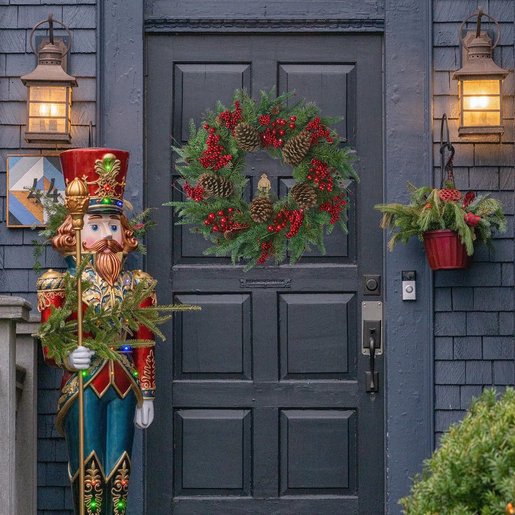 22'' Artificial Christmas Wreath Norfolk Pine Wreath for Front Door with Pine Needles Red Berries Big Pinecones