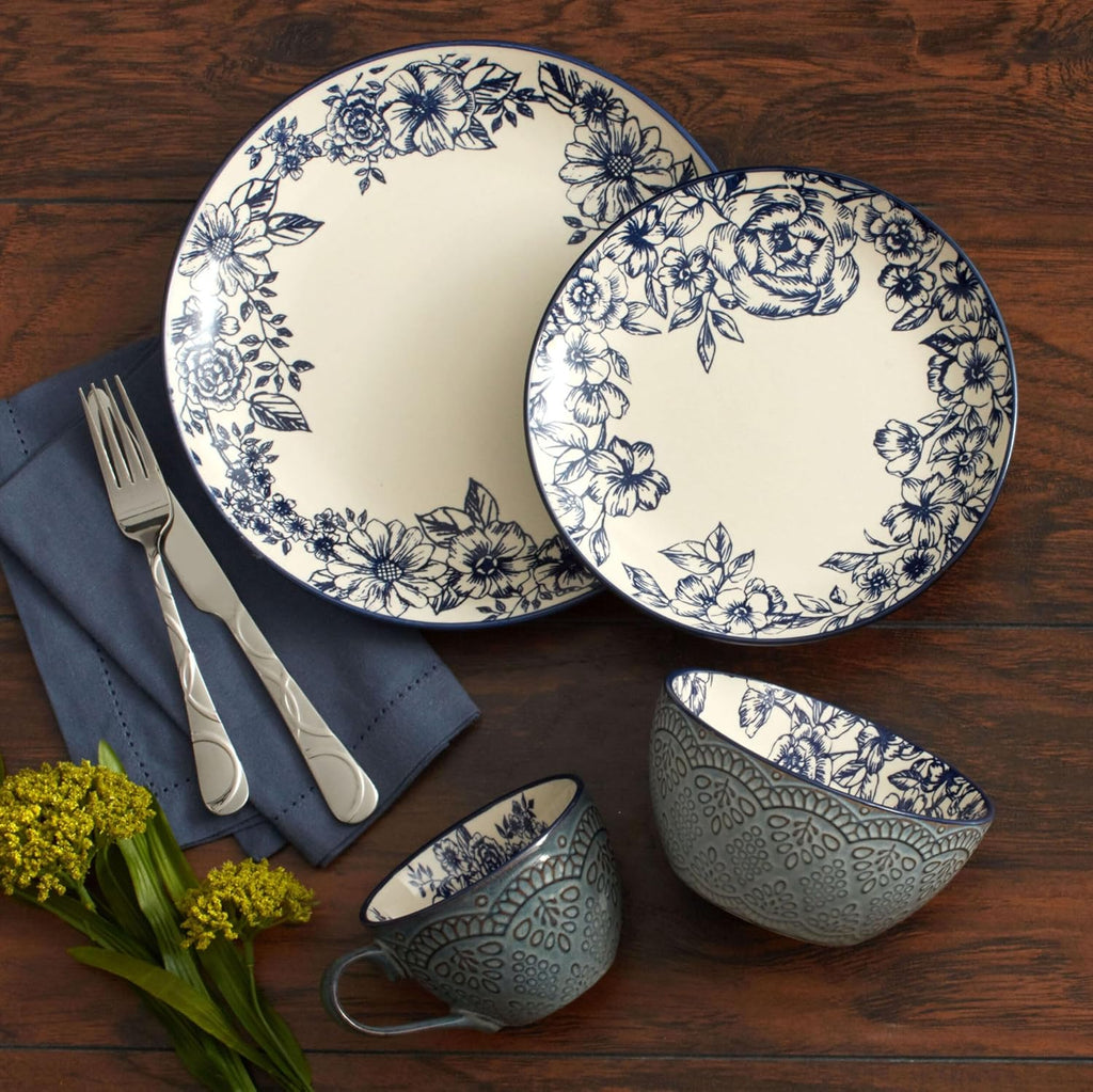 Gabriela Blue 16-Piece Dinnerware Set, Service for 4, Durable Stoneware Plates, Bowls