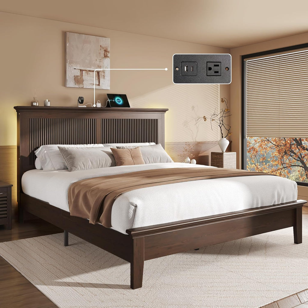Wood Queen Bed, Solid Wood Bed With Tall Headboard, American Vintage Design, Queen Bed With Charging Station & RGB
