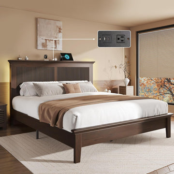 Wood Queen Bed, Solid Wood Bed With Tall Headboard, American Vintage Design, Queen Bed With Charging Station & RGB